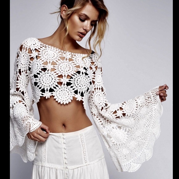 Free People Tops - Free People Crochet Crop Top Big Bell Sleeves S